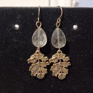 Vintage Gold-Toned Oak Leaf & Crystal Bead Earrings